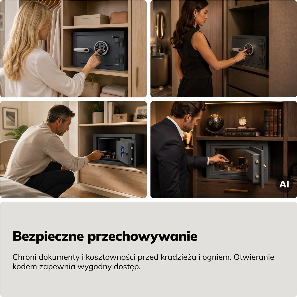 Sejf S2 antywłamaniowy, ognioodporny, elektroniczny na kod, na dokumenty, 400x280x340 mm: EDGAR