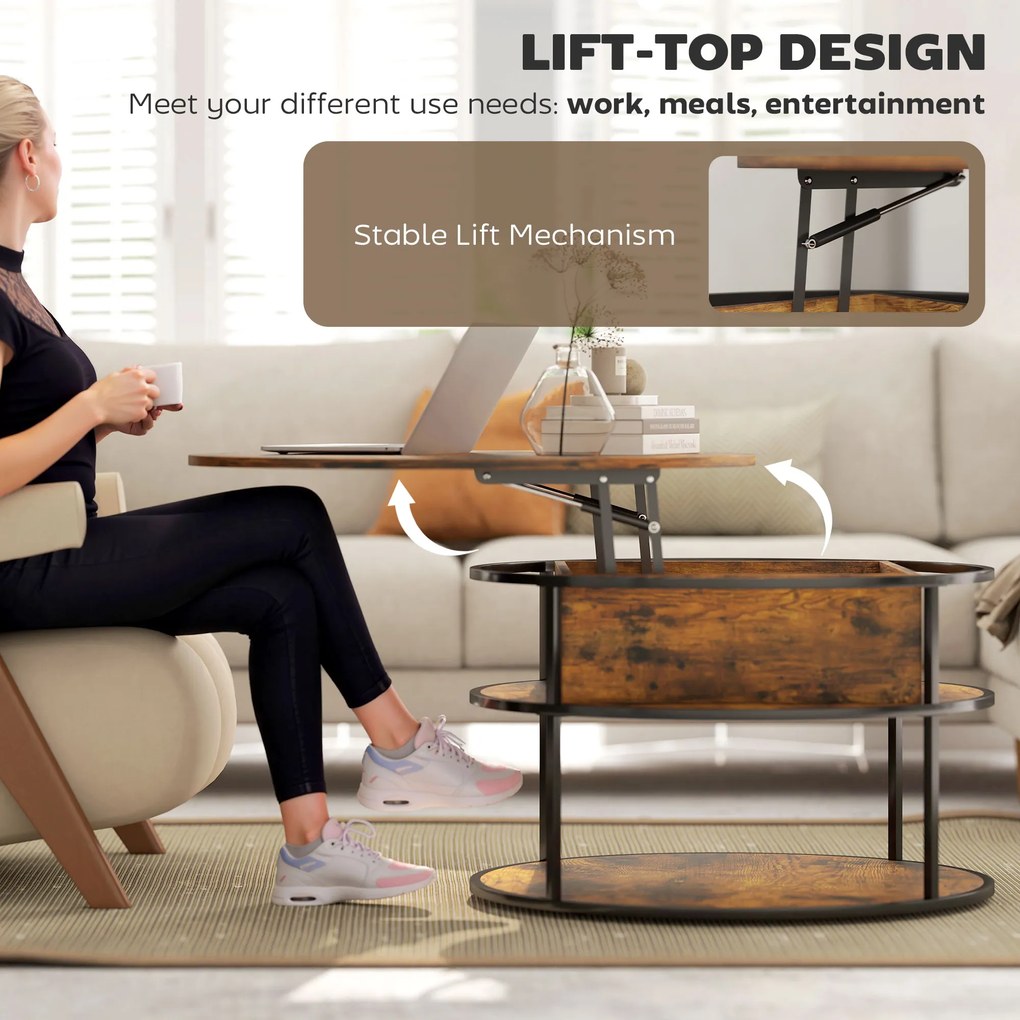 HOMCOM Okrągły Stolik Kawowy z Podnoszoną Blatem, Przestrzenie do Przechowywania, Boczne Półki, Stalowy Stelaż, Brązowy