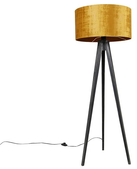 Lampa podłogowa trójnóg czarna z złotym kloszem 50 cm - Tripod Classic