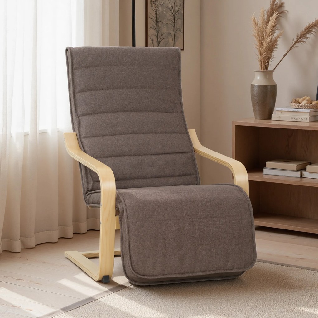 HOMCOM Fotel akcentowy, fotel relaksacyjny z regulowanym podnóżkiem, rama z drewna brzozowego, do 120 kg, 66,5 x 94 x 100 cm, brązowy | Aosom PL