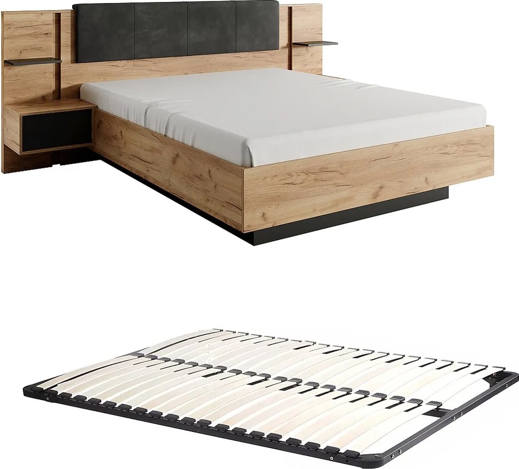 Łóżko z szafkami nocnymi 140 x 190 cm - Z oświetleniem LED - Naturalny i antracytowy + Stelaż - ELYNIA