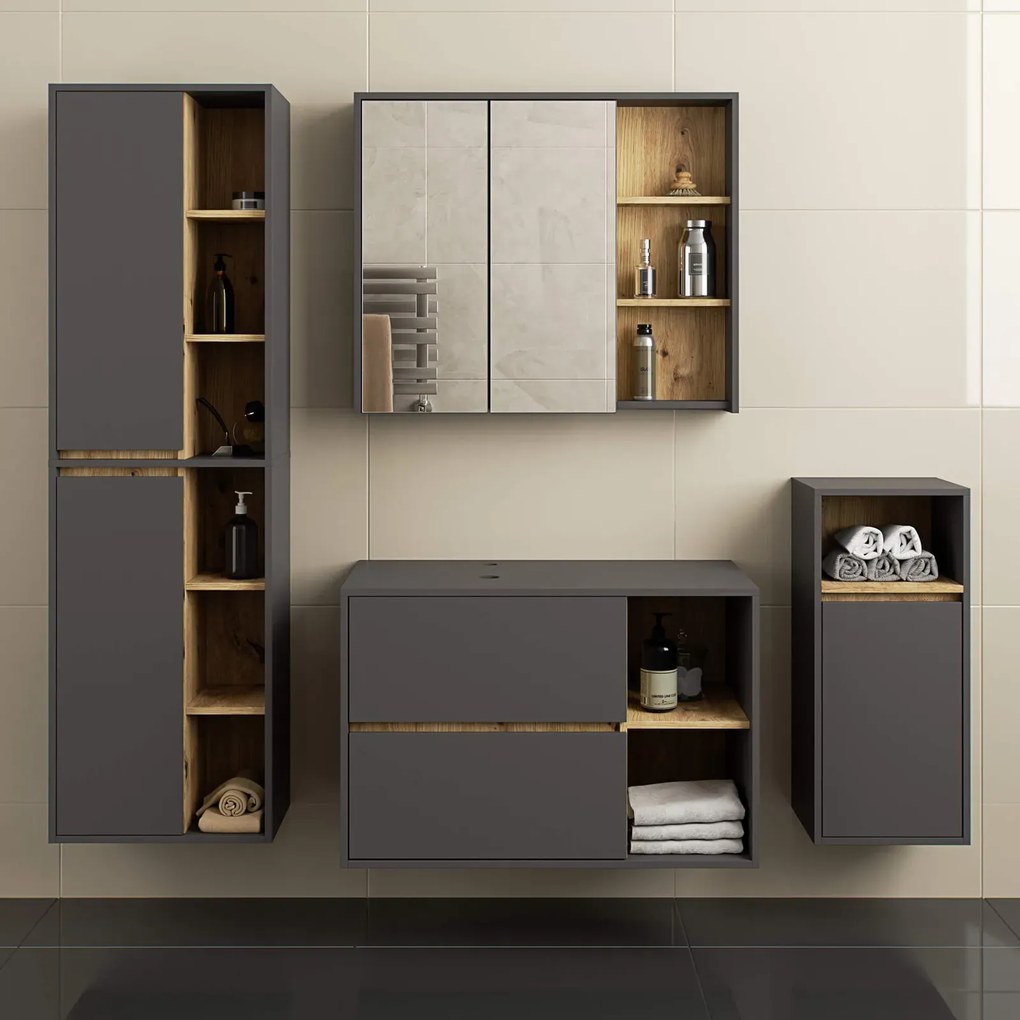 Komplet mebli łazienkowych grafit + dąb artisan  W8-C09
