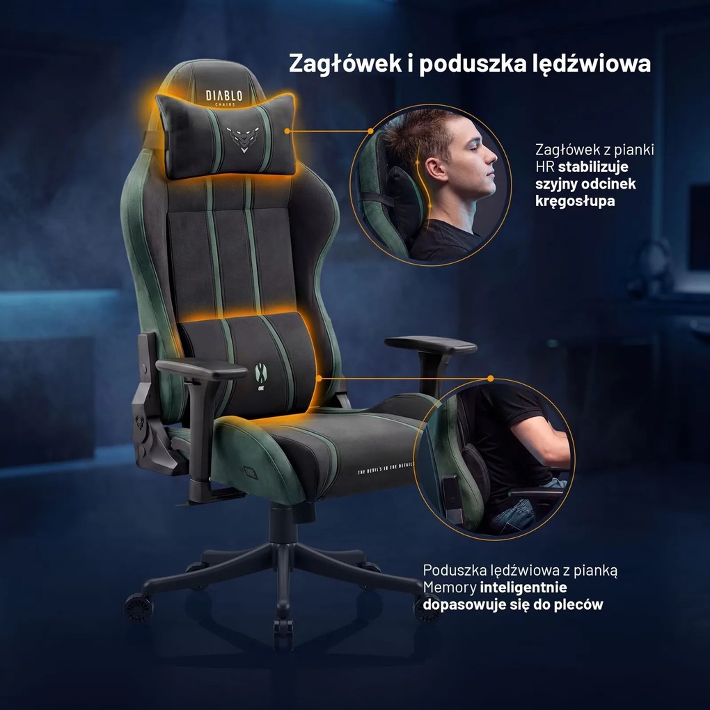 Fotel gamingowy młodzieżowy Diablo X-One Small Size materiałowy, Forest Green