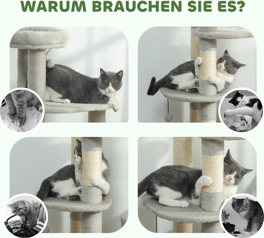 PawHut Drapak 114 cm wieża dla kota z kryjówką, słupki sizalowe, platforma, wielopoziomowy dla średnich kotów do 6 kg, Jasnoszary