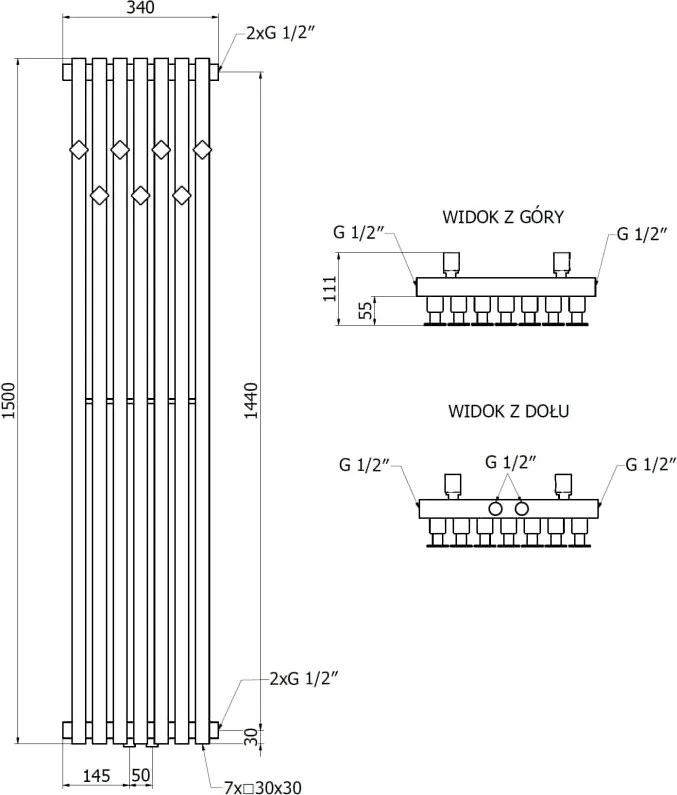 Mexen Flux grzejnik łazienkowy dekoracyjny 1500 x 340 mm, 630 W, czarny - W127-1500-340-00-70
