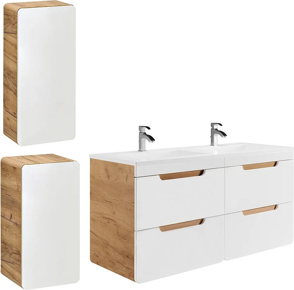 Szafka łazienkowa wisząca  z umywalką wpuszczaną w blat i dwoma słupkami - 120 cm - Naturalny i biały - ARUBA