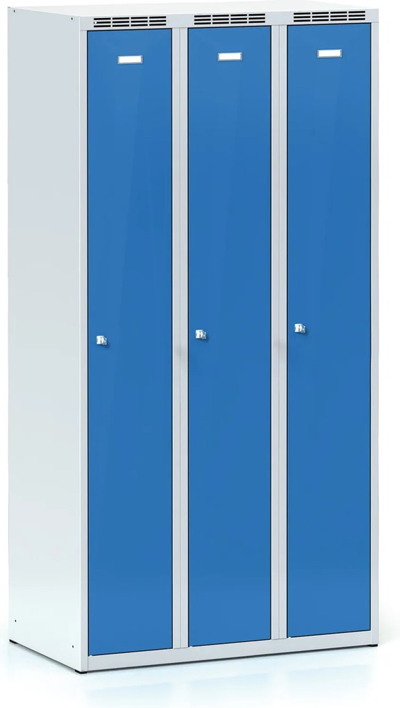Metalowa szafka ubraniowa S7, 3-drzwiowa, 1800 x 900 x 500 mm, demontaż, zamek obrotowy, drzwi niebieskie