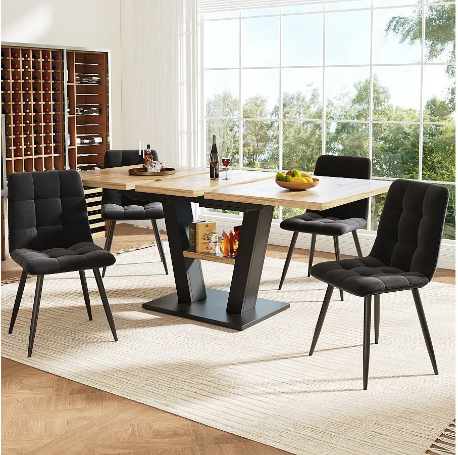 Zestaw stół rozkładany + 4 krzesła welurowe - 118/157 x 70 x 75 cm - MDF + nogi metalowe - naturalny + czarny