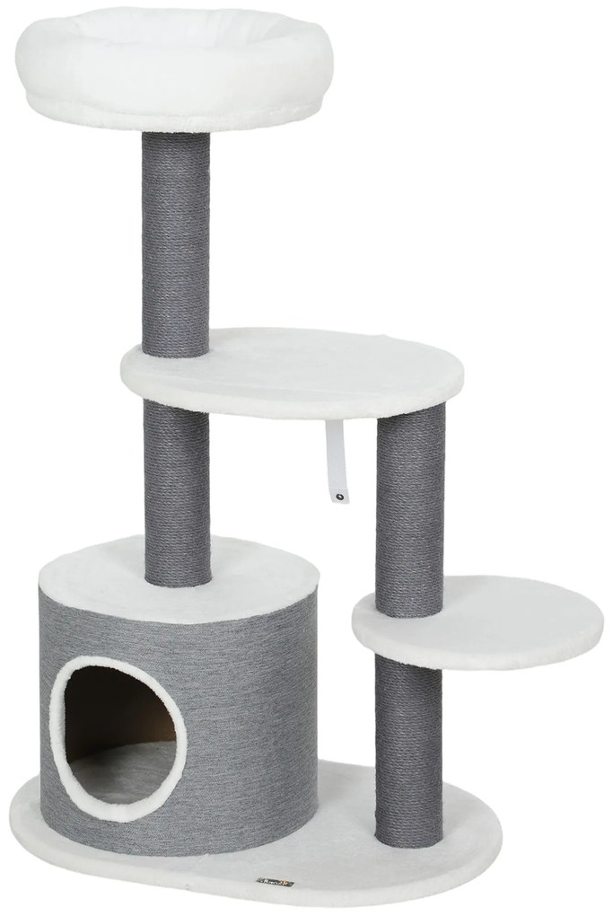 PawHut Drapak z 1 budką dla kota, 1 legowiskiem, 2 platformami, słupki owinięte jutowym sznurkiem, Biały + Szary