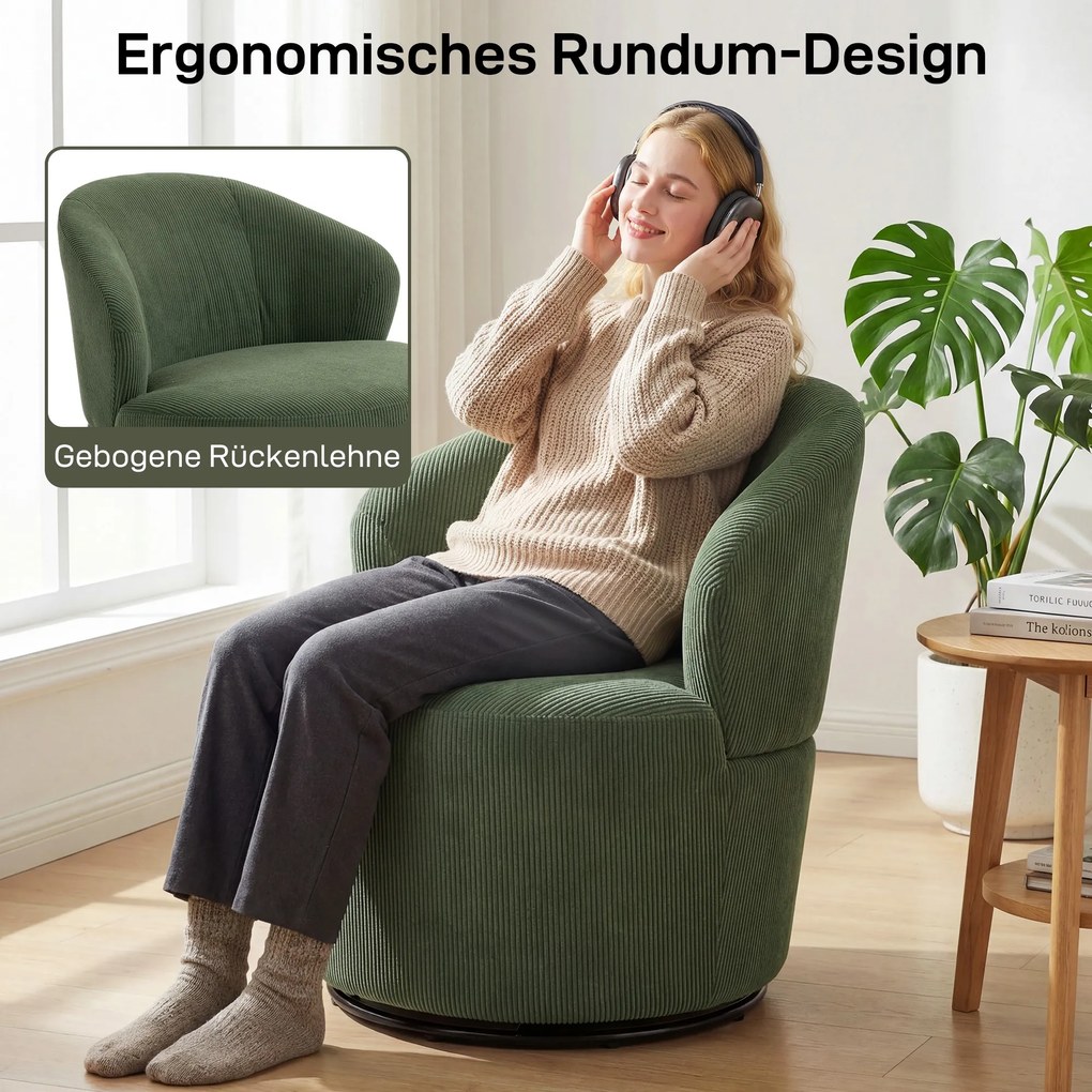 HOMCOM Fotel akcentowy, obrót 360°, nowoczesny fotel obrotowy z okrągłą podstawą, do salonu i sypialni, zielony | Aosom PL