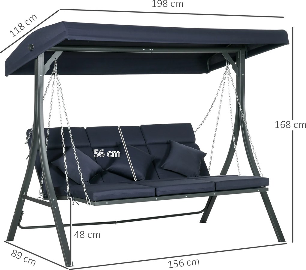 Outsunny Hollywoodzka Huśtawka Ogrodowa na 3 Osoby z Regulowanym Dachem Texteline Komfort i Styl Granatowy Czarny 198x118x168cm | Aosom PL
