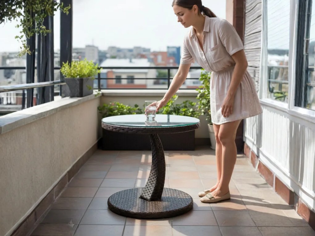 Stolik na balkon z technorattanu okrągły stoliczek kawowy nowoczesny design