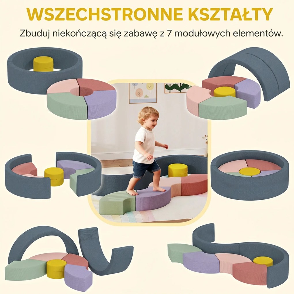 AIYAPLAY Zestaw 7 miękkich klocków piankowych dla maluchów — sztruksowy, odpinany pokrowiec, różne kształty, kolorowy
