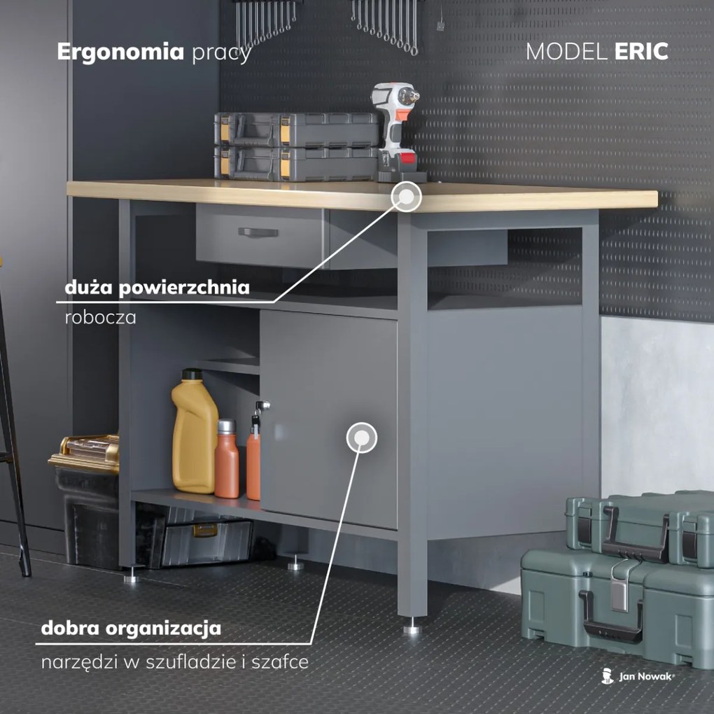 Stół warsztatowy ERIC, 1200 x 850 x 600 mm, antracytowo-niebieski