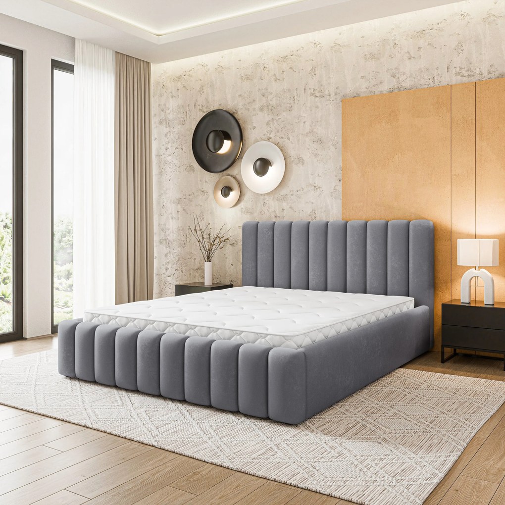 Masseno Łóżko Tapicerowane DINESE z pojemnikiem na pościel 140x200 cm - Szary, KRONOS 15