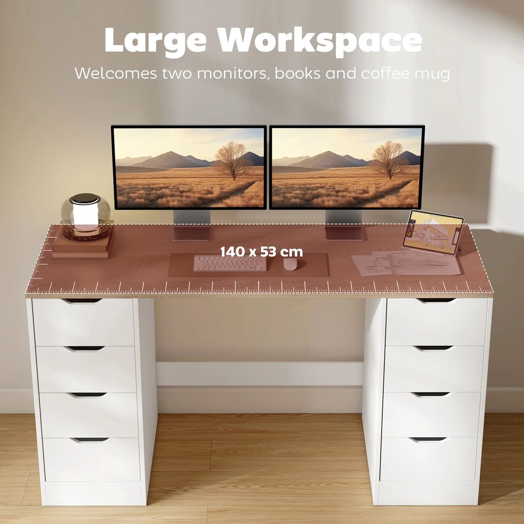 HOMCOM Biurko komputerowe 140 cm z 8 szufladami — białe, nowoczesne