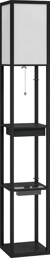 HOMCOM Lampa Stojąca z 3-Poziomową Półką, Przełącznikiem Nożnym, Portami USB, MDF, Czarny