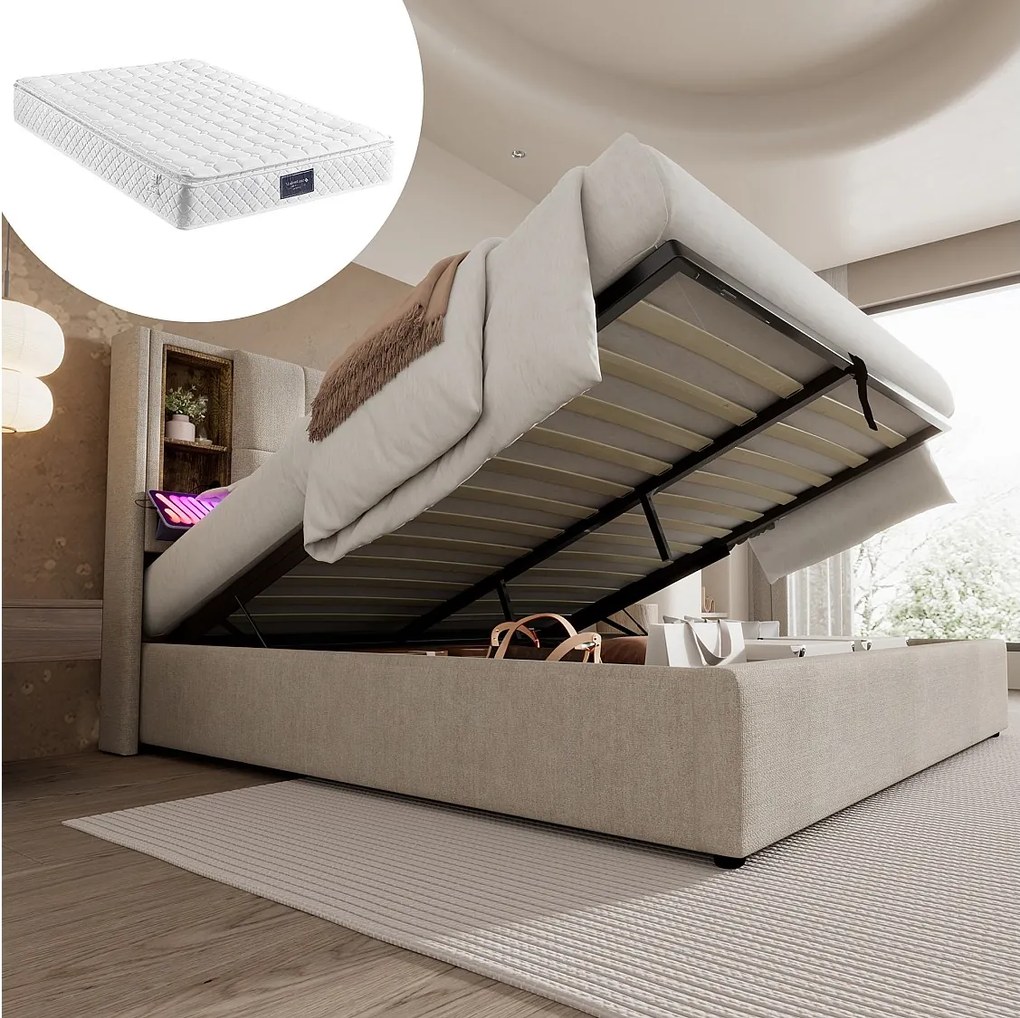 Łóżko tapicerowane dwuosobowe ze schowkiem - 140 x 200 cm - Materac + Zagłówek z USB - Tkanina lniana - naturalna