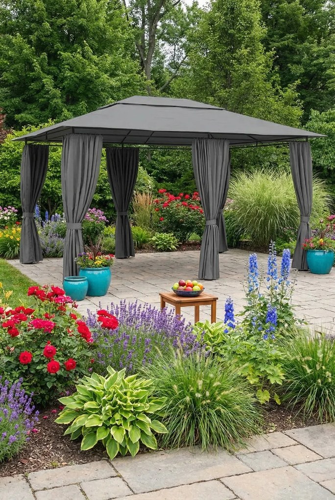 Antracytowa altana ogrodowa z zasłonami A2-N34