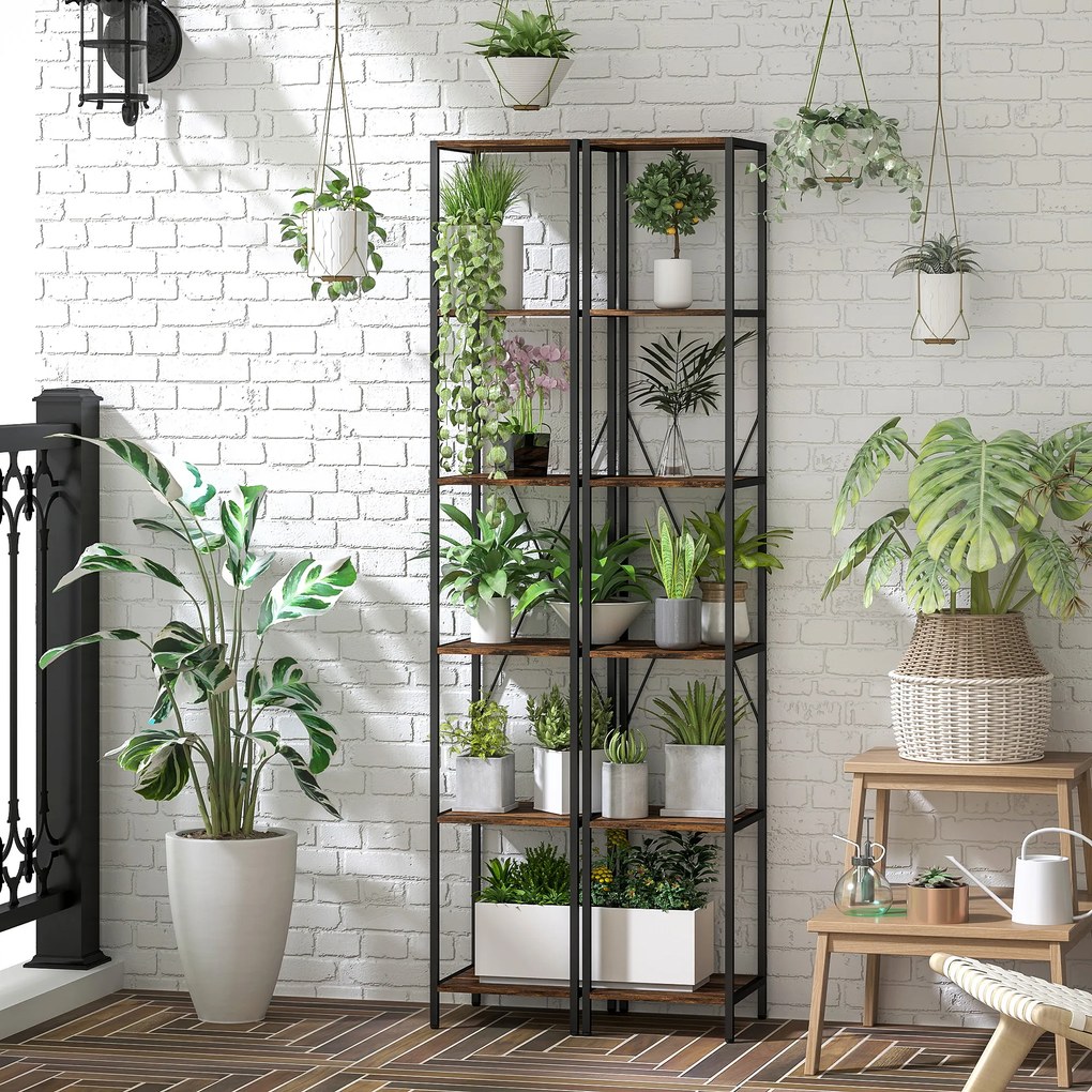 HOMCOM Zestaw 2 regałów 6-poziomowych, rama stalowa, do salonu, biura, sypialni, Rustykalny-Brąz