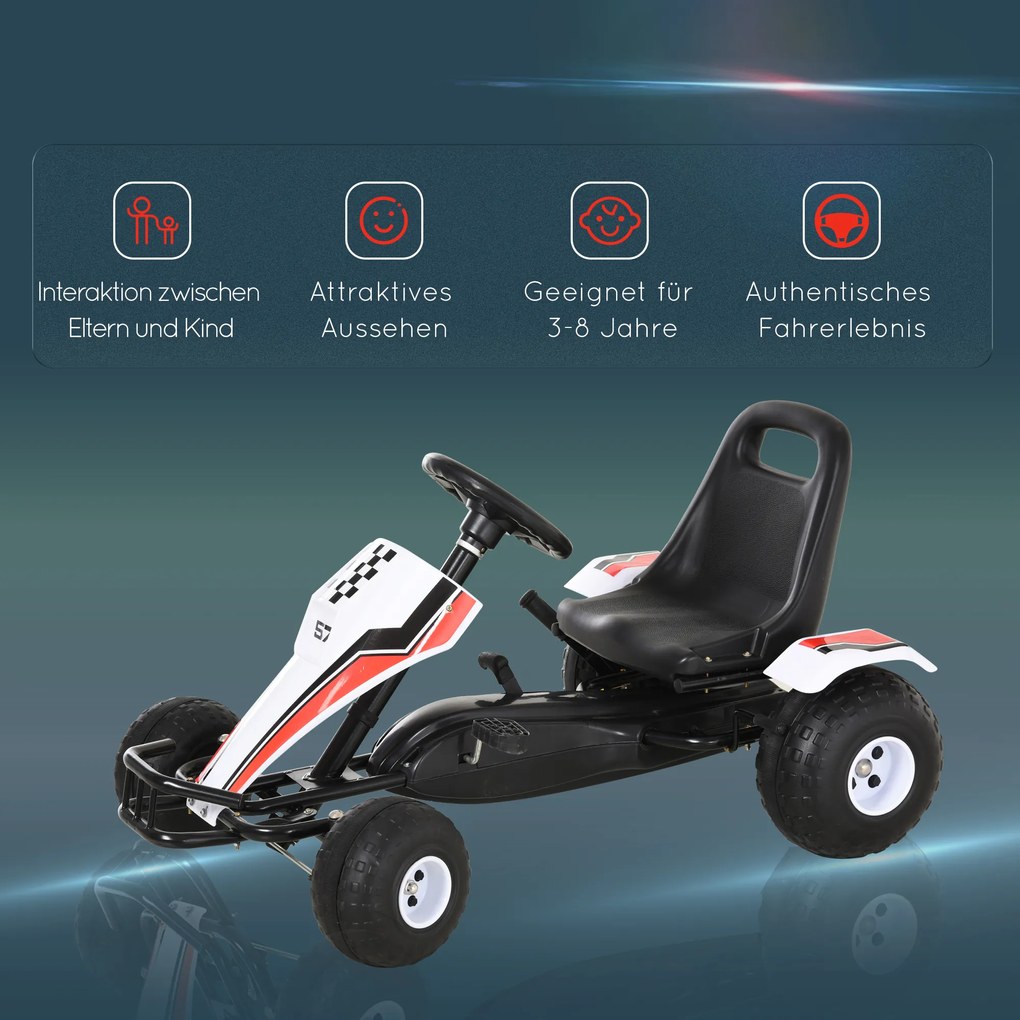 Gokart HOMCOM samochód dziecięcy na pedały z pedałem hamulca zabawka dla dzieci 3–8 lat stal kolor biały 104 x 66 x 57 cm z