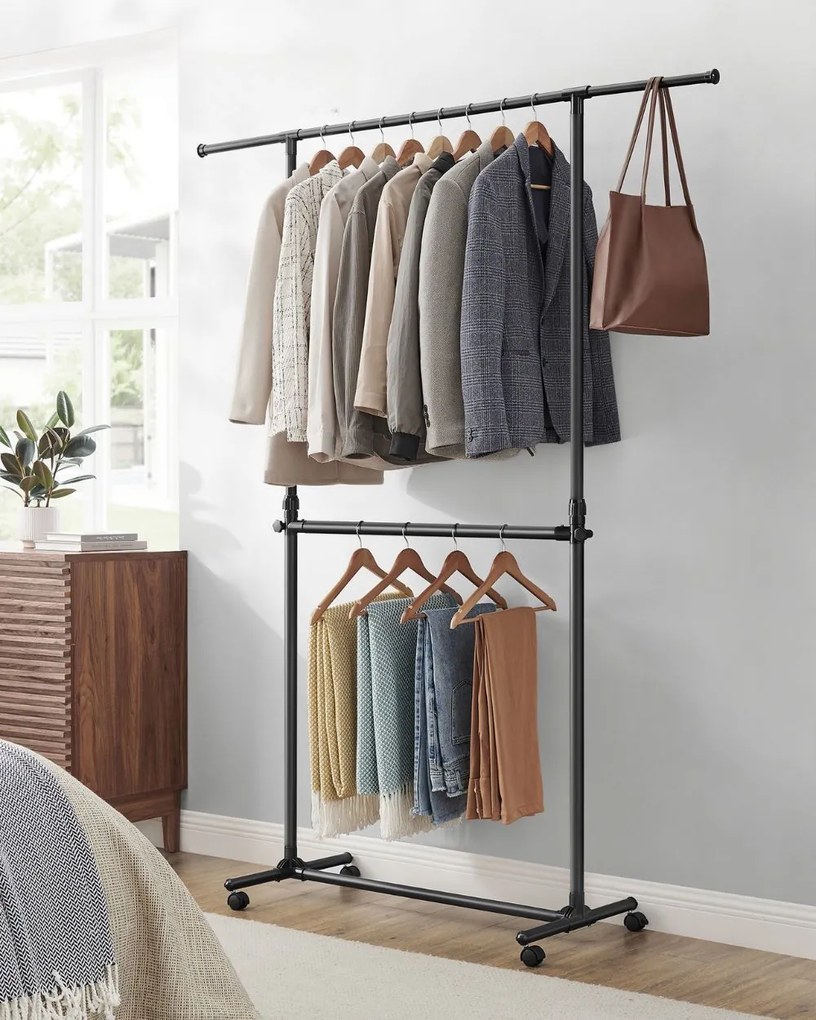 Stojak na ubrania dwupoziomowy JASON, 101-165x49x113-180cm, czarny SongmicsHome