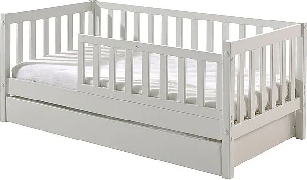 Łóżko dziecięce Toddler II 70x140 cm białe z litego drewna z stelażem i szufladą, styl skandynawski