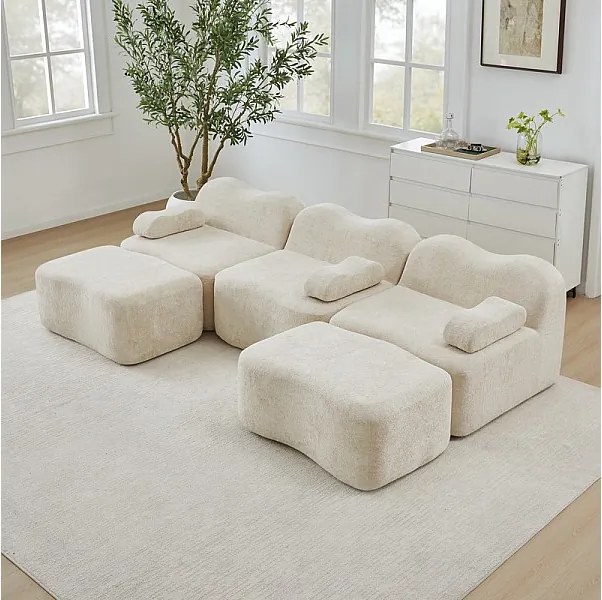 Canapé d'angle panoramique en velours, avec 2 pouf et coussin d'accoudoir, 288x167x70cm, Beige