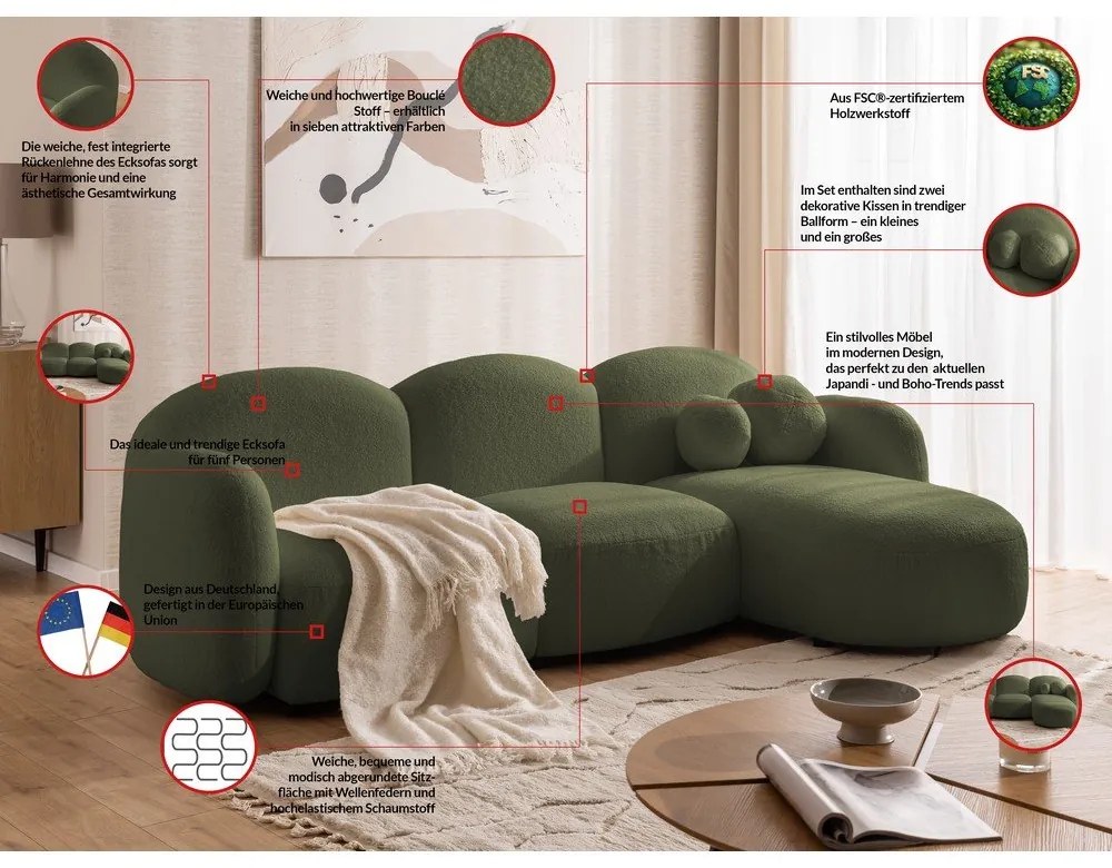 Zielony narożnik z materiału bouclé (prawostronny/z szezlongiem) Orbit – Ropez