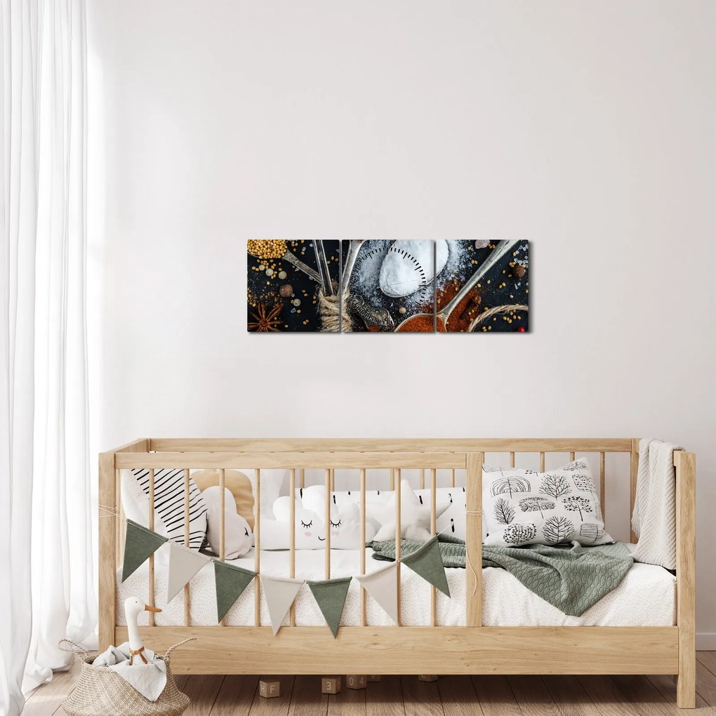 Obraz łyżek z przyprawami (z zegarem) (90x30 cm)