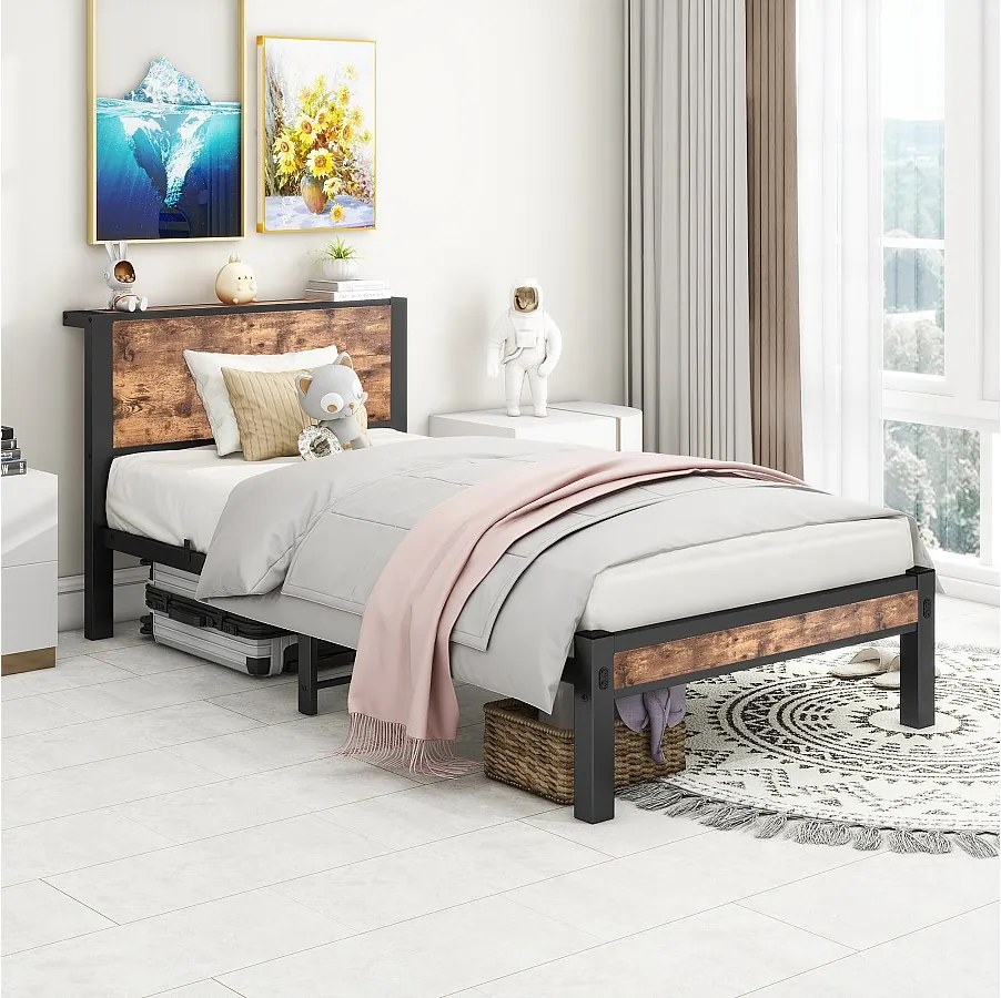 Łóżko dla dzieci 90x200 cm - łóżko pojedyncze z zagłówkiem i schowkiem pod łóżkiem - brązowe - bez materaca