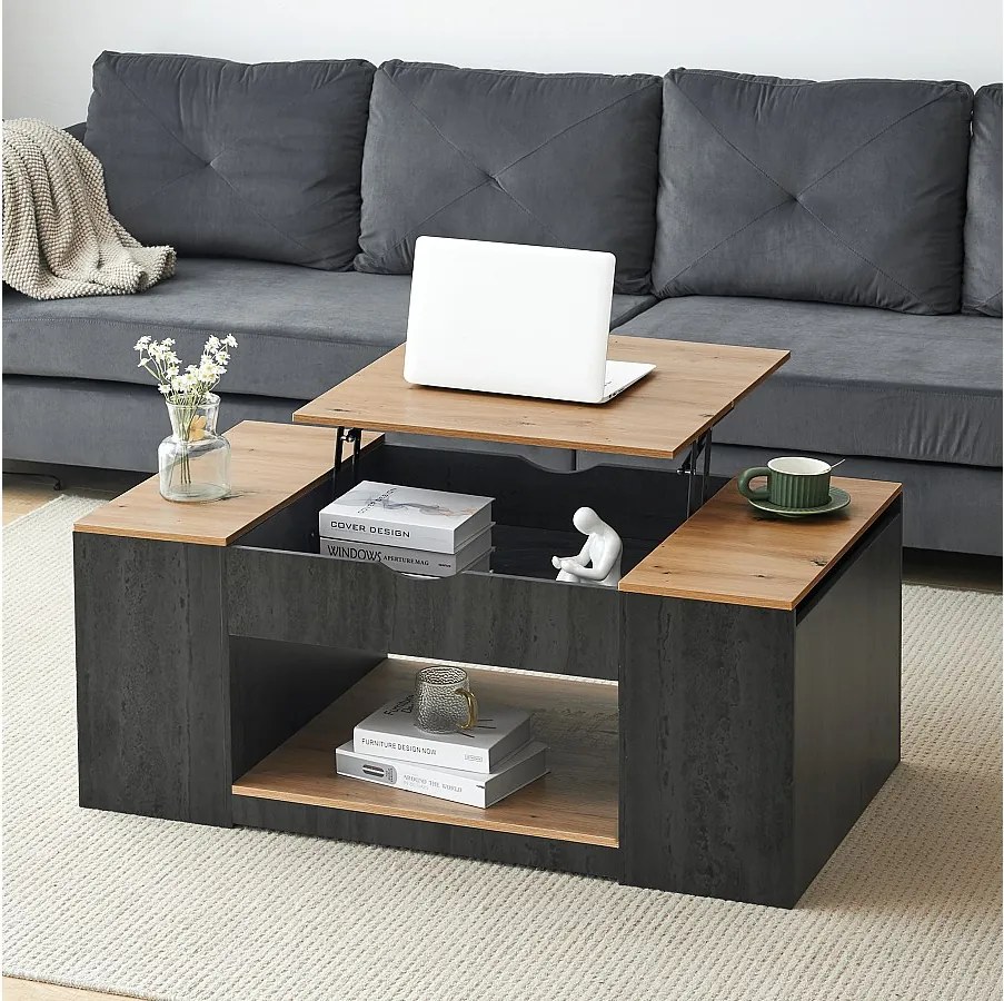 Stolik kawowy z podnoszonym blatem - 109,5 x 59,7 x 43 cm - z półką i schowkiem - drewno MDF - szary i brązowy