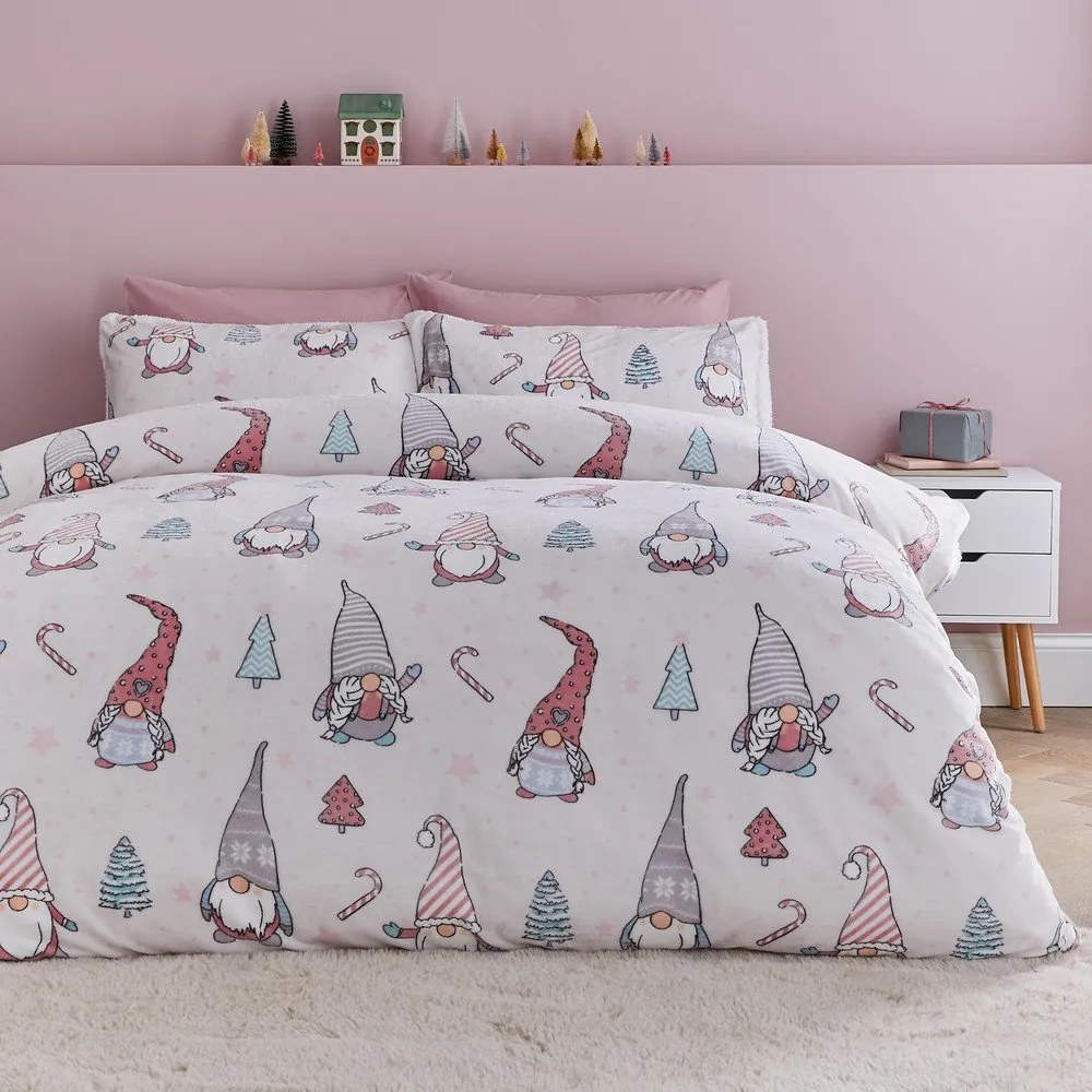 Jasnoróżowa pościel dwuosobowa z mikropluszu 200x200 cm Festive Gnomes – Catherine Lansfield