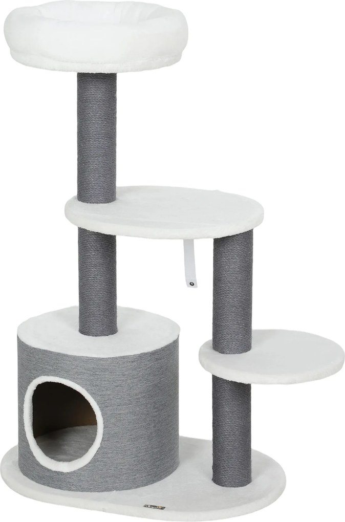PawHut Drapak z 1 budką dla kota, 1 legowiskiem, 2 platformami, słupki owinięte jutowym sznurkiem, Biały + Szary