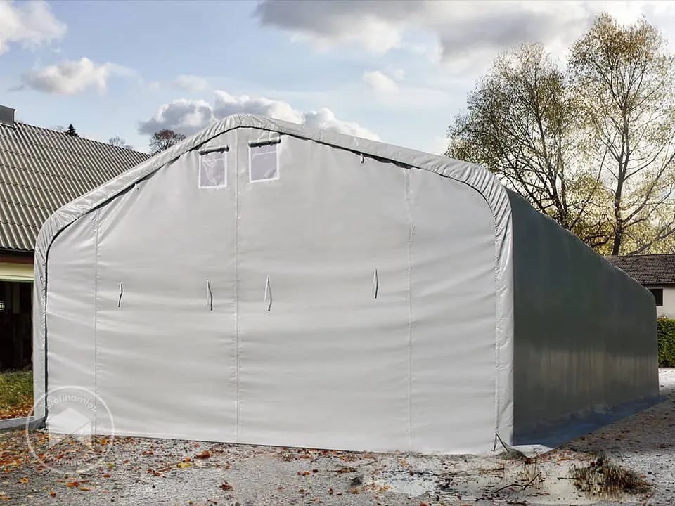 TOOLPORT 6x12m Namiot garażowy - 2,6 m wysokość ścian bocznych z 4,1x2,9m brama, PRIMEtex 2300, szary, ze statyką (podłoże betonowe) - (99445)