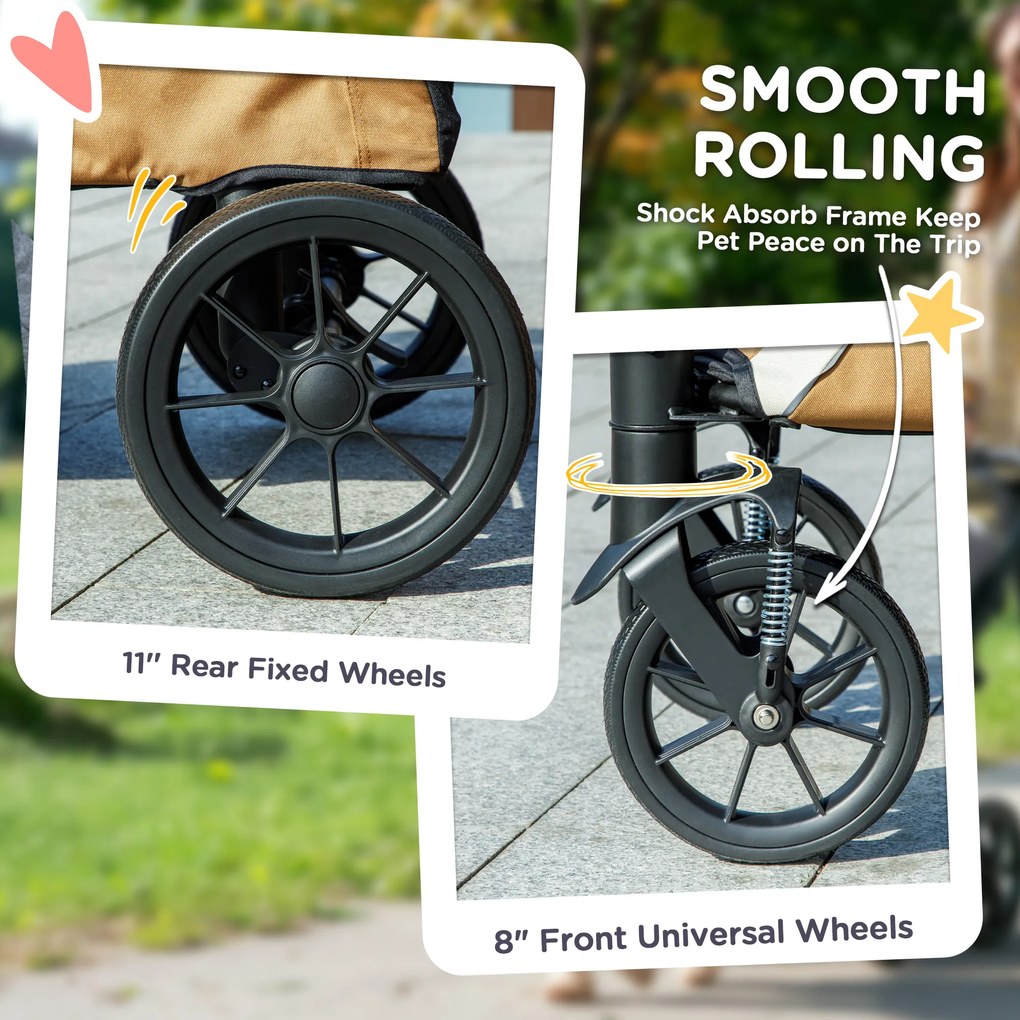 PawHut Wózek dla Psów, Składany Wózek dla Dużych Psów, Wózek dla Zwierząt z 4 Kołami, Linami Bezpieczeństwa, Hamulcami, Brązowy