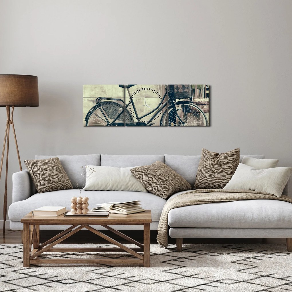 Obraz - Vintage rower z kwiatami (z zegarem) (90x30 cm)