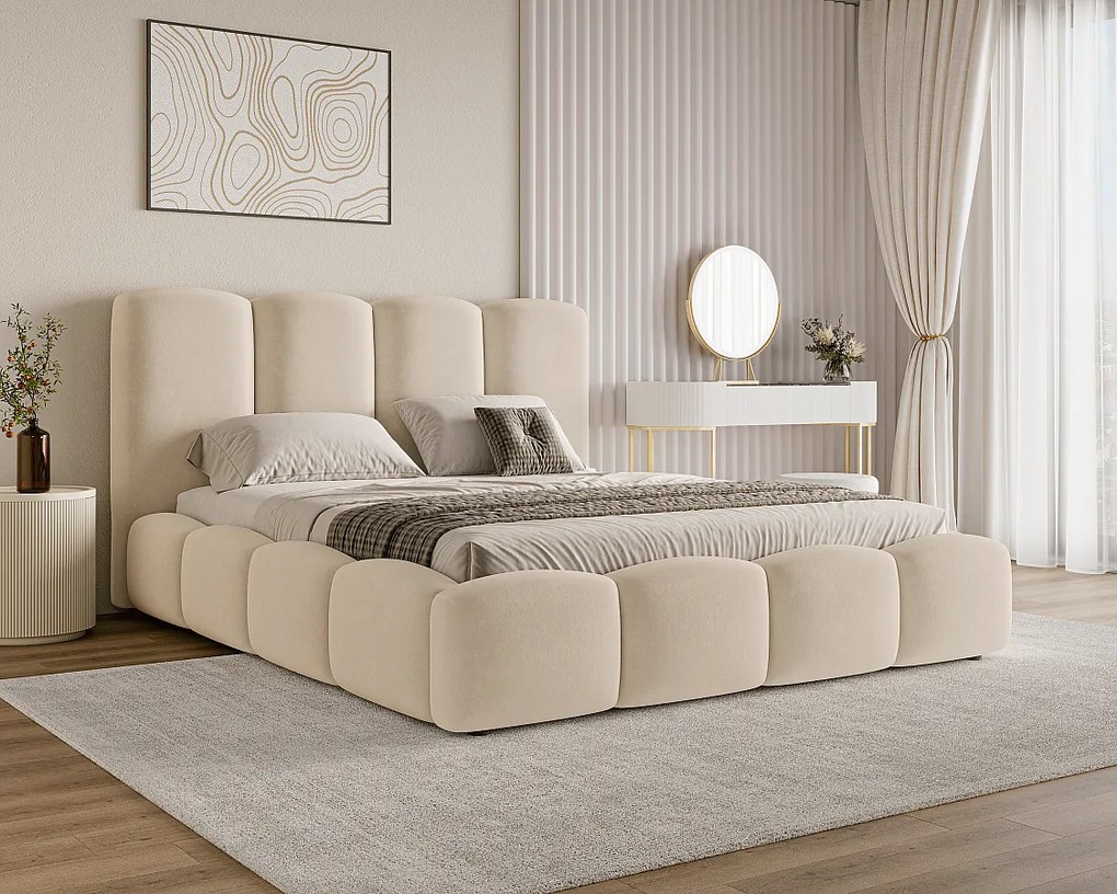 BESILIO Łóżko chmurka z pojemnikiem i stelażem 200x200 Puffy - welurowe łóżko tapicerowane - Beżowy