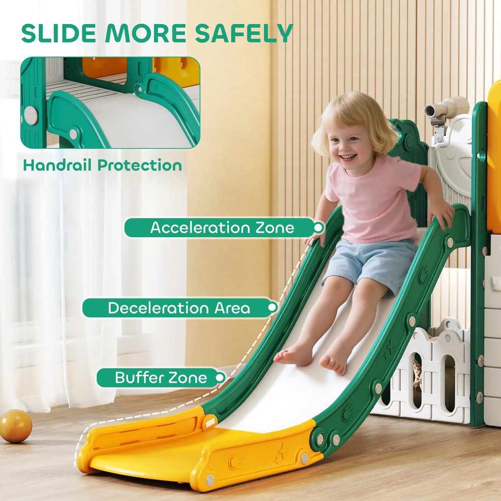 AIYAPLAY Zjeżdżalnia 7 w 1, plac zabaw do domu, ścianka wspinaczkowa, domek, tablica, kosz do koszykówki, 1-4 lata, tworzywo sztuczne, Żółty+Zielony