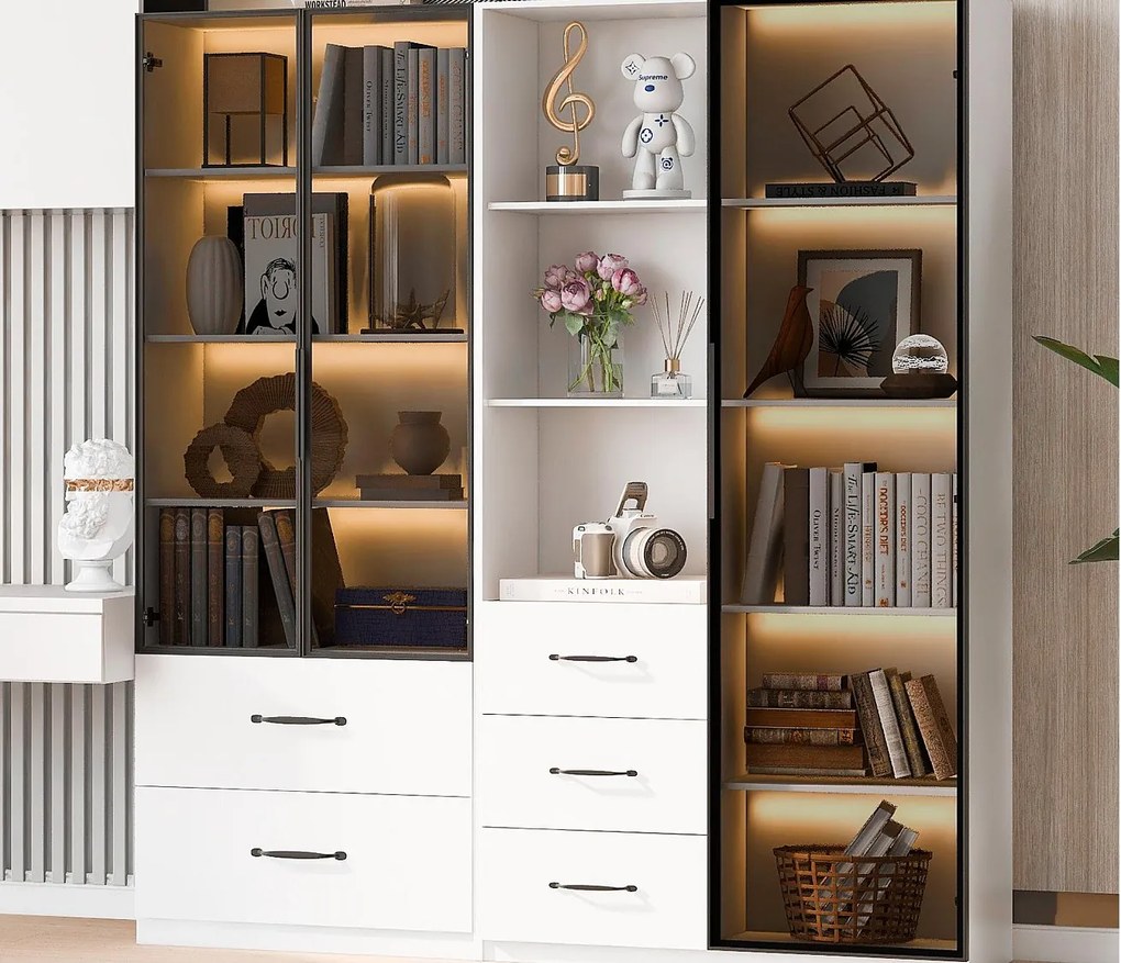 Witryna 140×40×160 cm - z oświetleniem LED - 3 szklane drzwi - 5 szuflad - biała