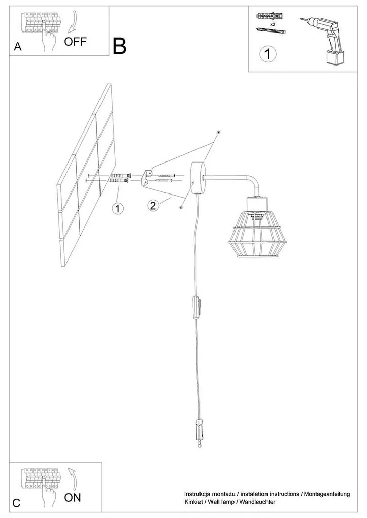 Kinkiet SUBA czarny geometryczny z włącznikiem SOLLUX  LIGHTING