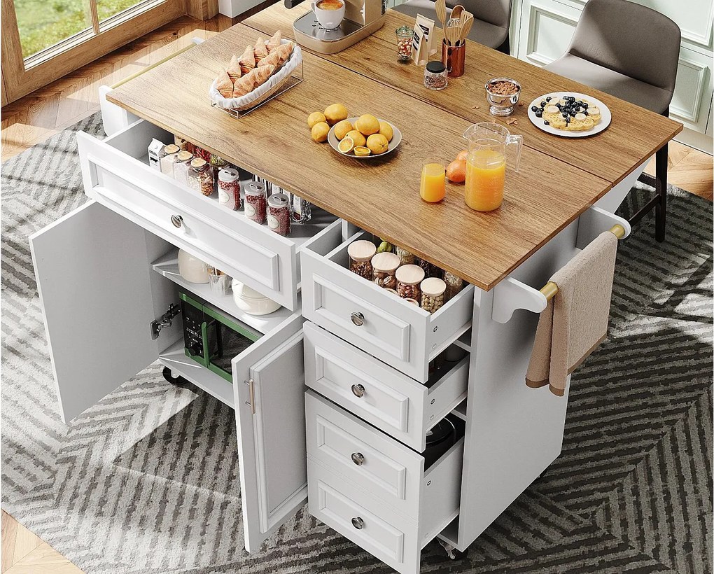 Nowoczesna wyspa kuchenna 130×45×92 cm - z 5 szufladami i 2 drzwiami - rozsuwana blata - z kółkami - biały