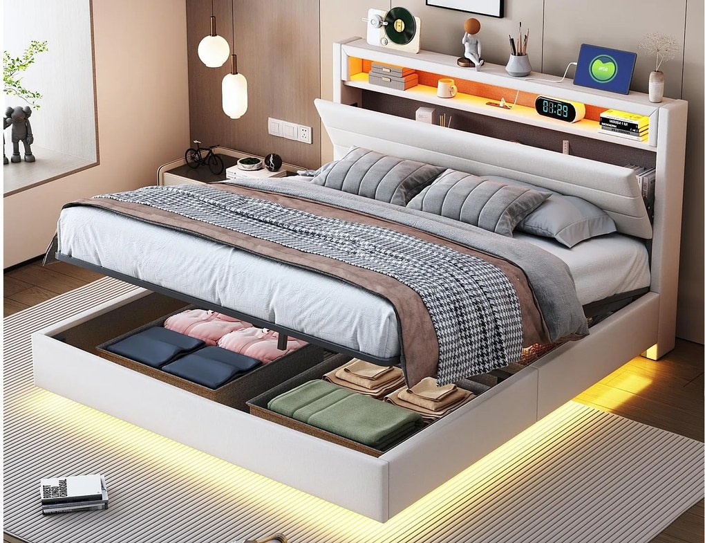 Łóżko z tapicerowanym zagłówkiem z lnu 140x200 cm - z gniazdem USB i LED - Beżowe