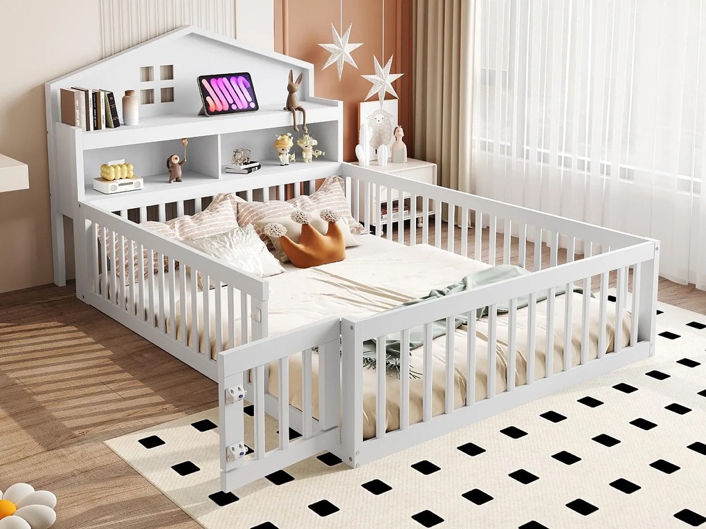 Łóżko dziecięce 140x200cm z drewna - z półkami i siatką ochronną - z stelażem na listwy - Białe