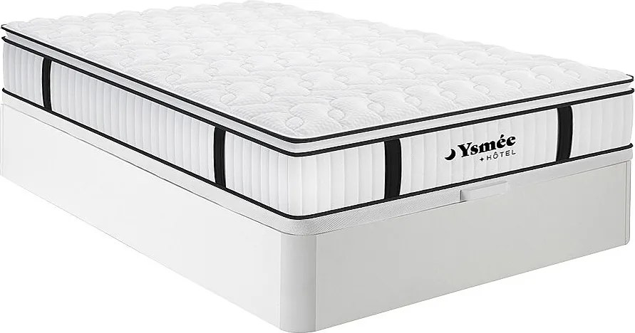 Zestaw 140 x 190 cm stelaż ze skrzynią biały + materac ognioodporny o grub. 28 cm ze sprężynami kieszeniowymi i zintegrowaną nakładką - DELICE marki YSMÉE HÔTEL