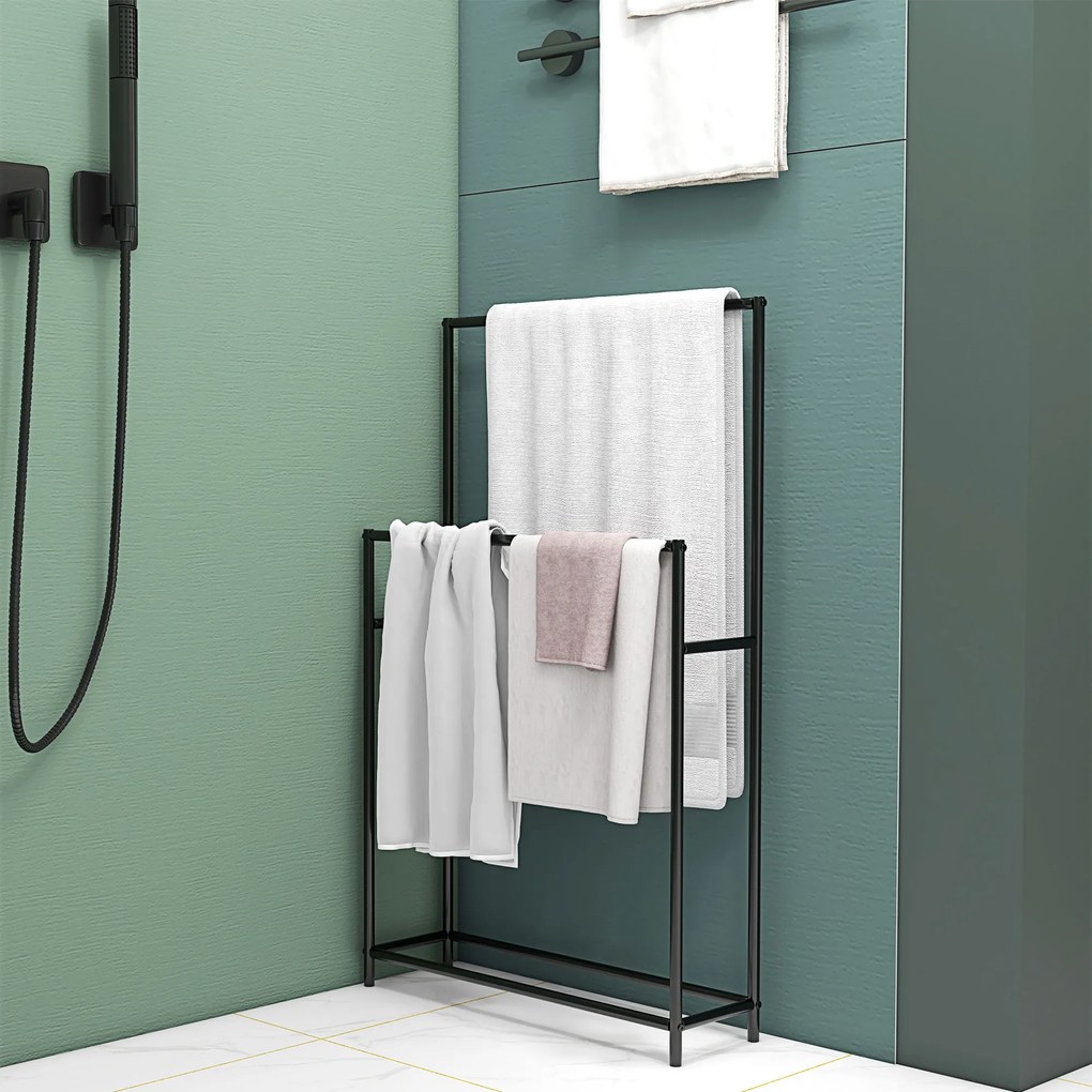 HOMCOM Stojak na ręczniki, wolnostojący, 2 drążki, odporny na rdzę, 66x20x110cm, Czarny