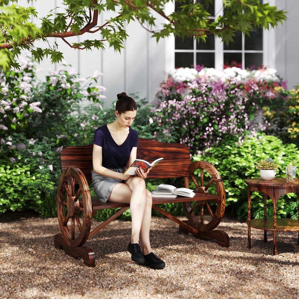 Outsunny Dwuosobowa Ławka Ogrodowa z Podłokietnikami w Kształcie Kół, Rustykalna Ławka Zewnętrzna na Taras, Werandę, Drewno Świerkowe, Brązowa