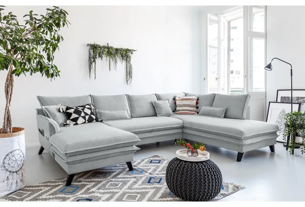 Jasnoszara rozkładana sofa w kształcie litery "U" Miuform Charming Charlie, prawostronna