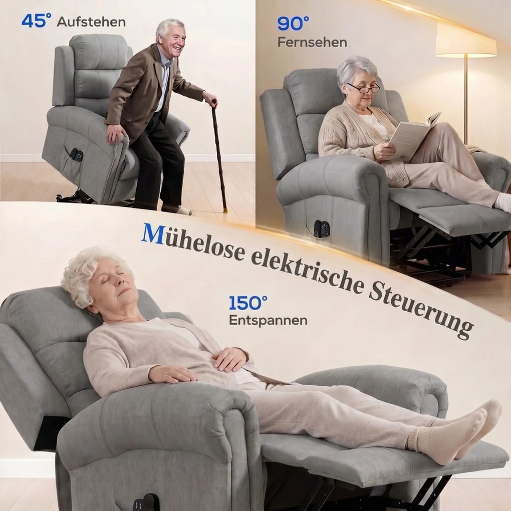 HOMCOM Fotel z funkcją Power-Lift, masażem wibracyjnym i ogrzewaniem, fotel z funkcją podnoszenia, port USB, kieszenie boczne i pilot, jasnoszary | Aosom PL