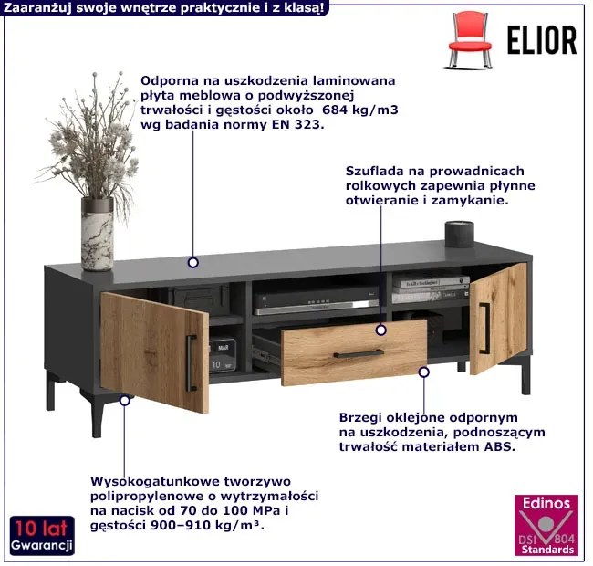 Nowoczesna szafka RTV na nóżkach antracyt + dąb wotan - Erlos 5X